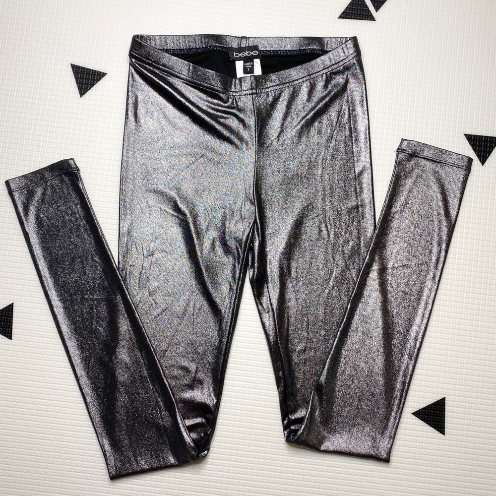 BEBE Metallic Pewter Dark Silver Leggings Small